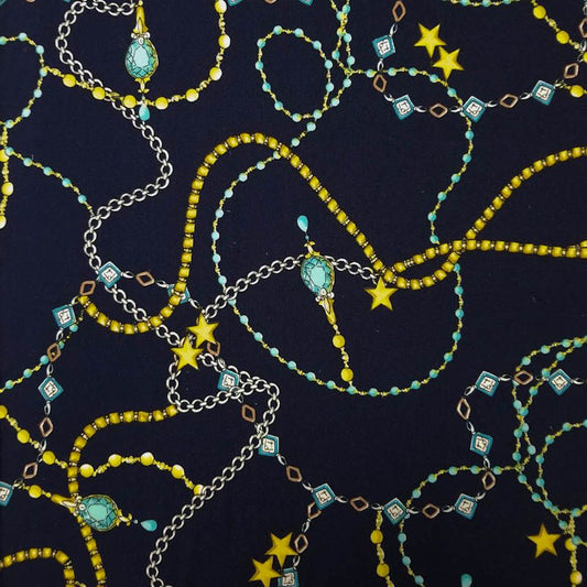 Navy Blue with Topaz Seamless Pattern Chain and Gems on Double-Sided Brushed Knit Fabric